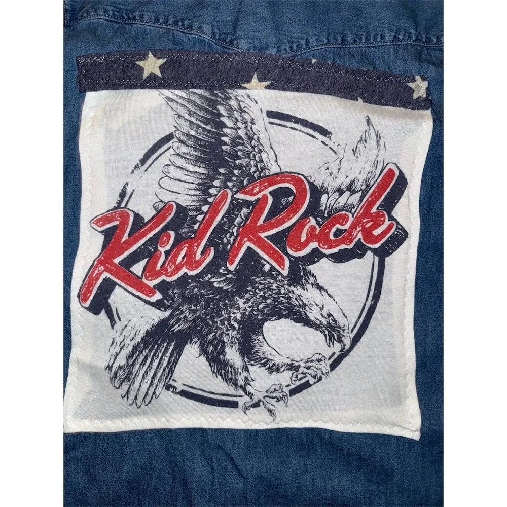 Vtg Levi's KID ROCK Women Denim Shirt‎ M Blue Graphic Pearl Snap up-cycled piece